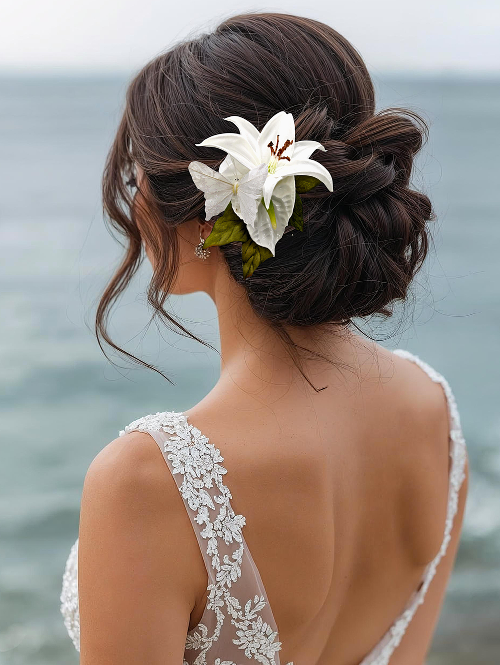 Tropical Wedding Hair Accessory created with White Anthurium, Lily